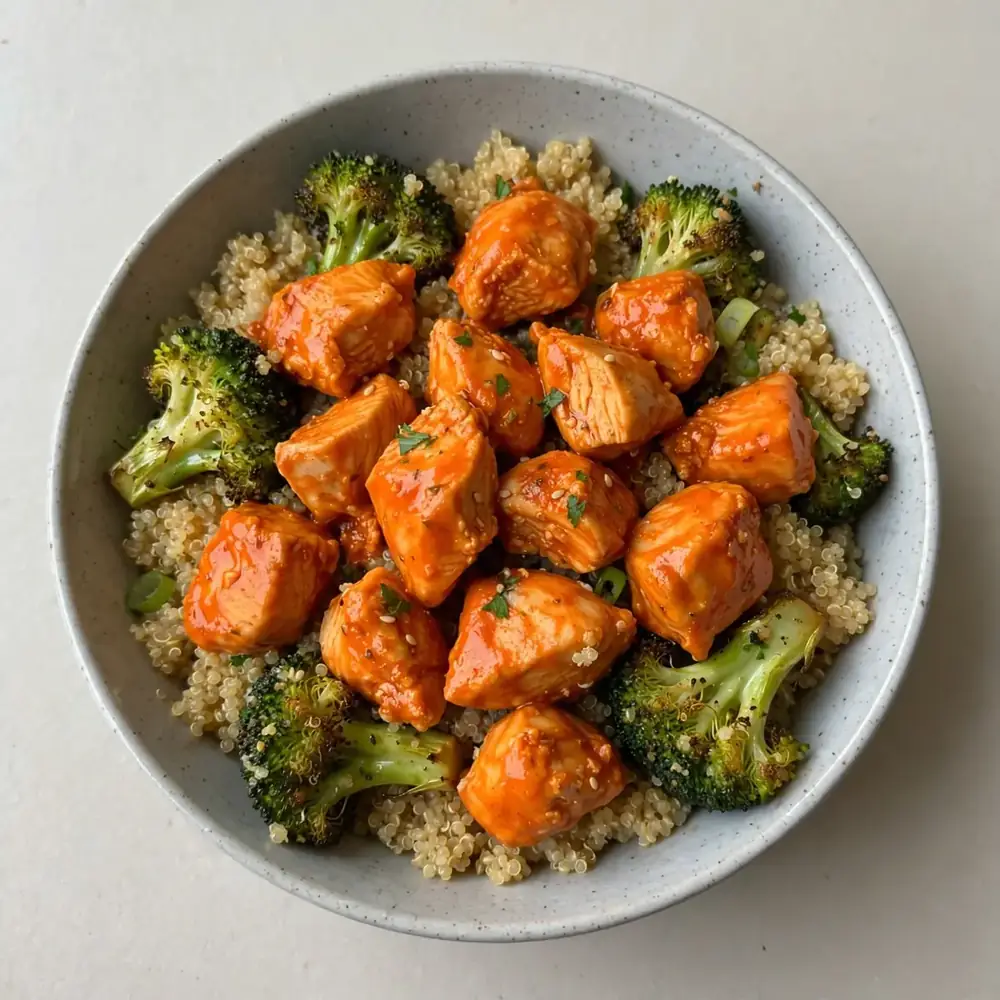 Buffalo Chicken mit Quinoa und Brokkoli