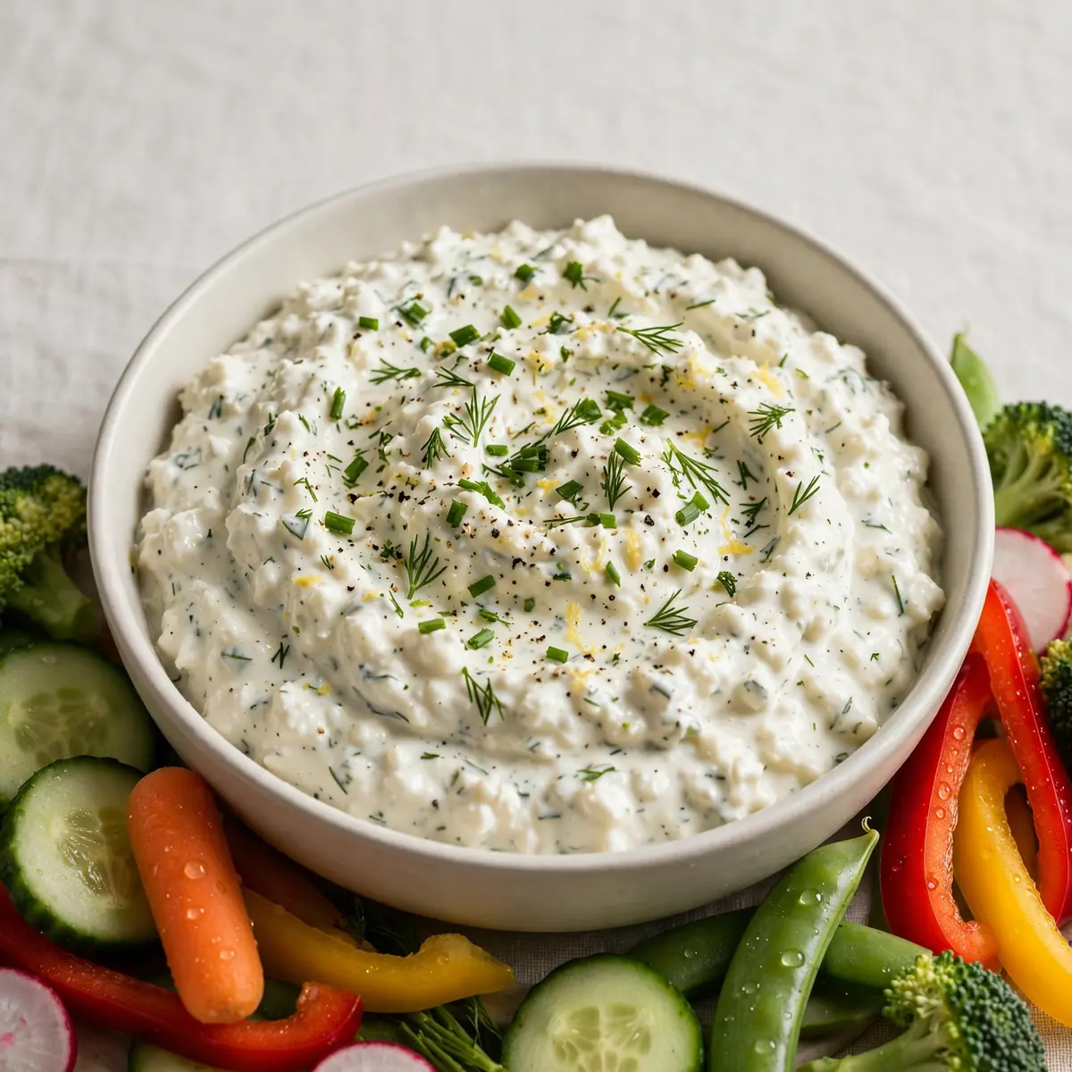 Cremiger Hüttenkäse Ranch-Dip mit Gemüse