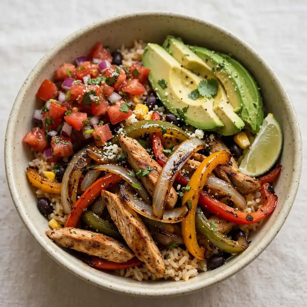 Fajita Bowl mit Avocado und Tomatensalsa