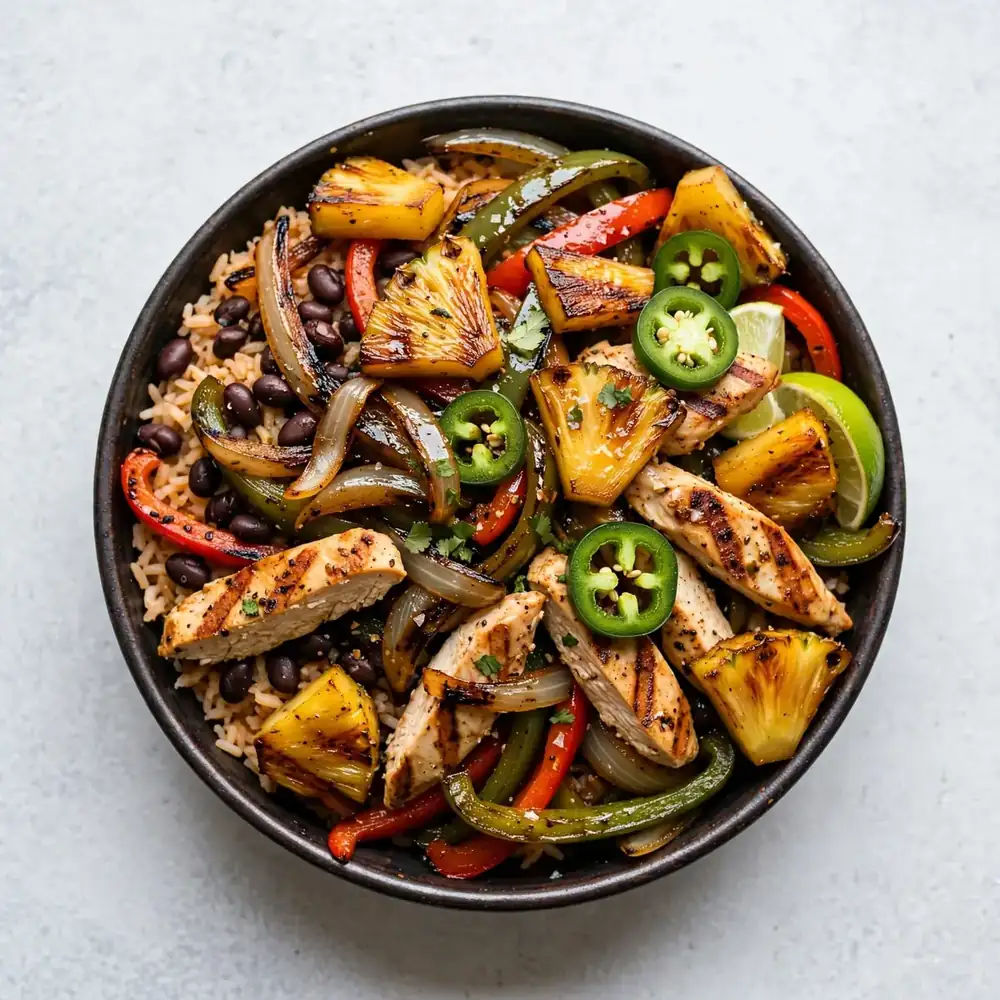 Fajita Bowl mit gegrillter Ananas und Jalapeño