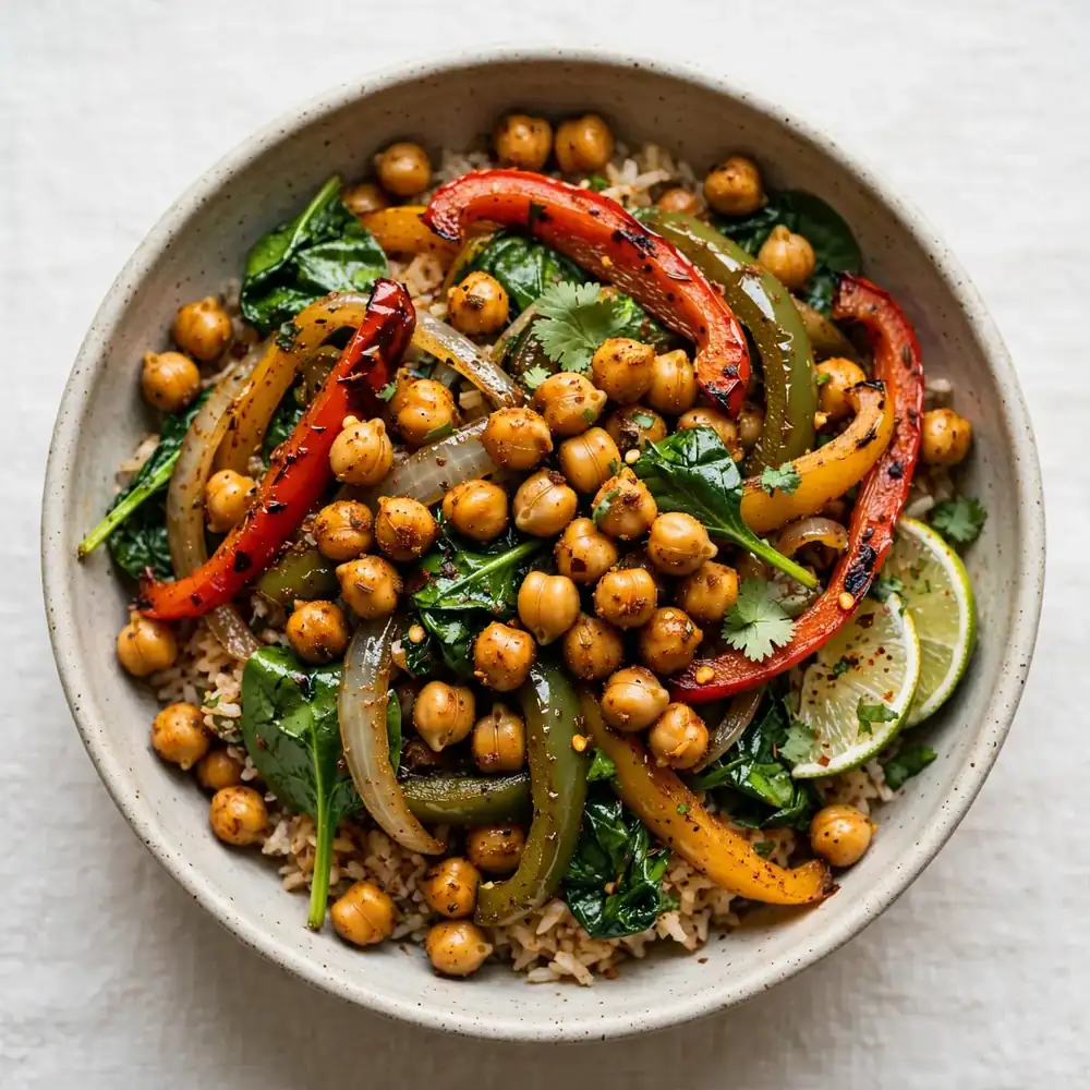 Fajita Bowl mit Kichererbsen und Spinat