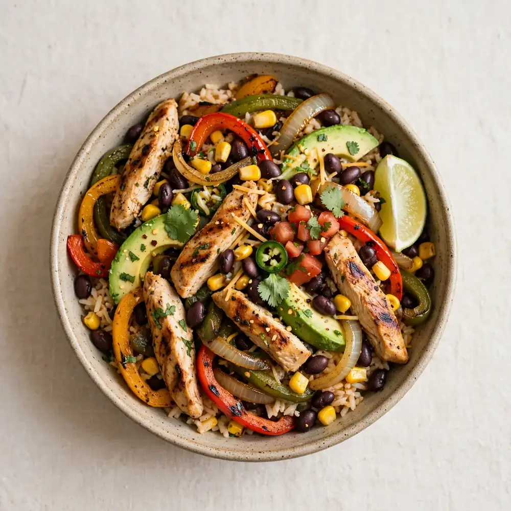 Fajita Bowl mit schwarzen Bohnen und Mais