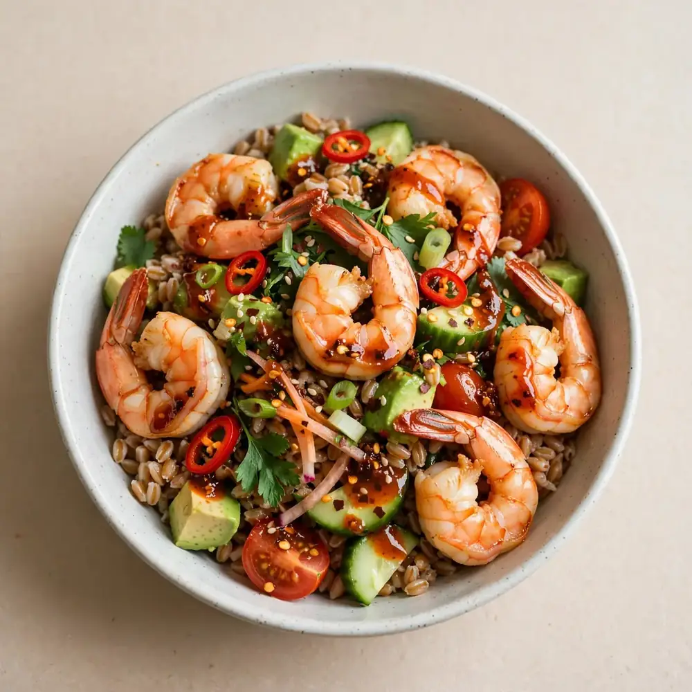 Garnelen-Farro-Meal-Prep-Bowl mit Chili-Dressing