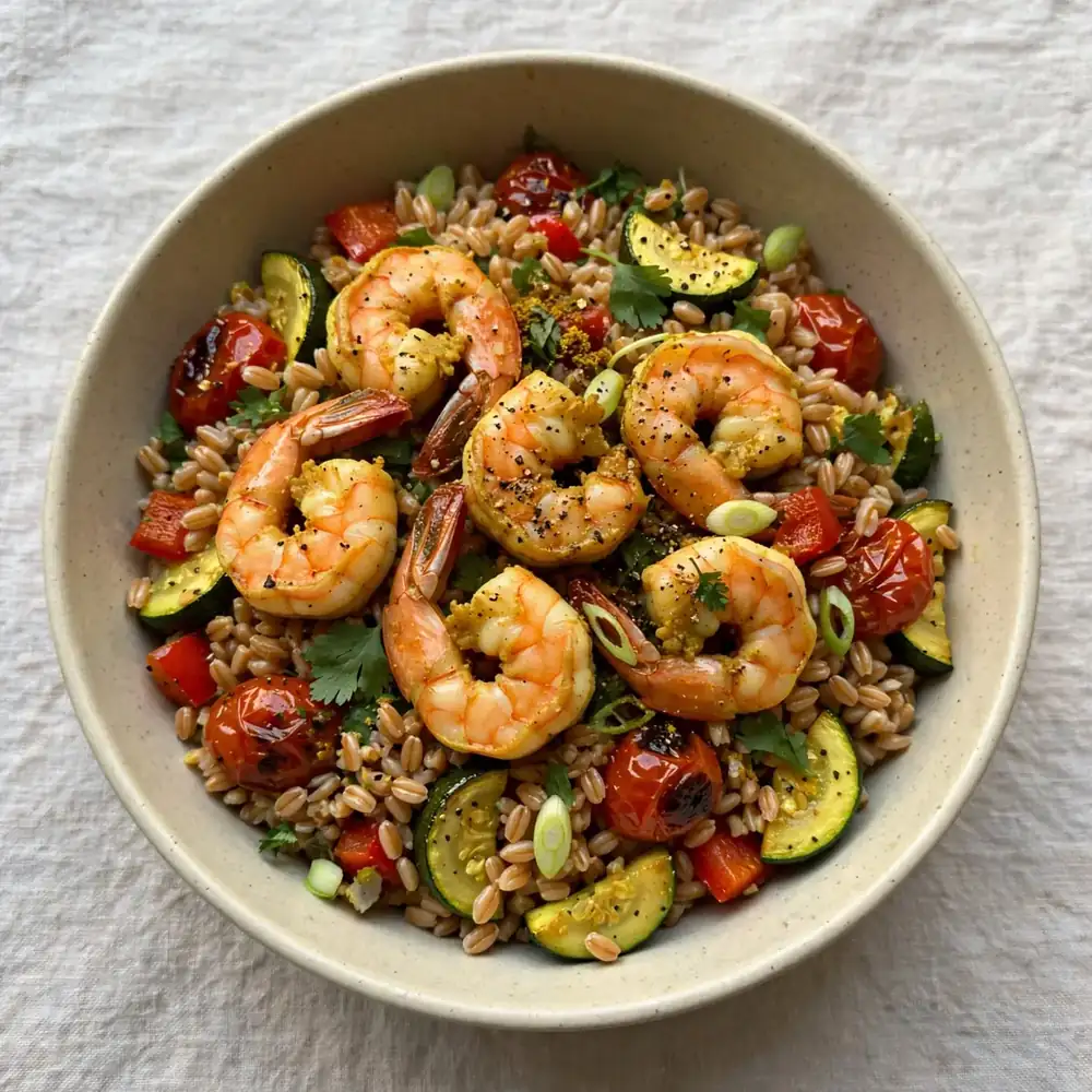 Garnelen-Farro-Meal-Prep-Bowl mit Curry-Pfeffer