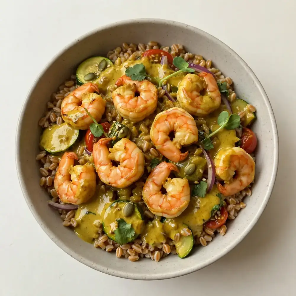 Garnelen-Farro-Meal-Prep-Bowl mit Curry-Sauce