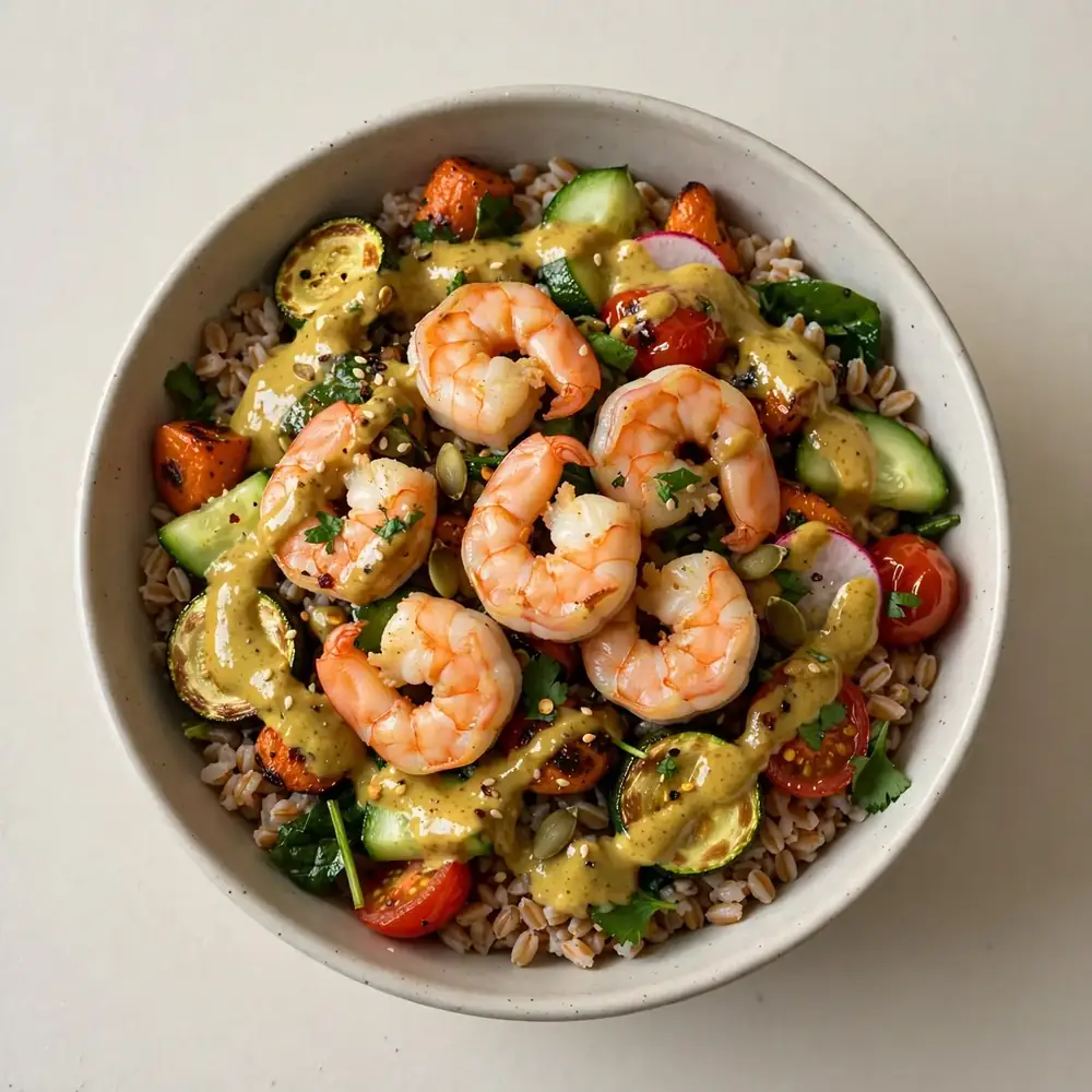 Garnelen-Farro-Meal-Prep-Bowl mit Curry-Tahini-Dressing