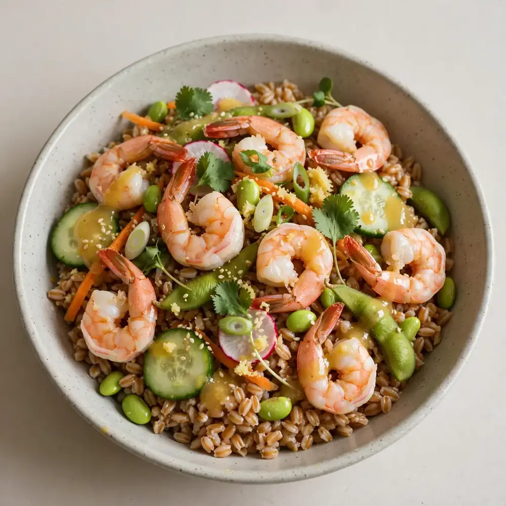 Garnelen-Farro-Meal-Prep-Bowl mit Ingwer-Dressing