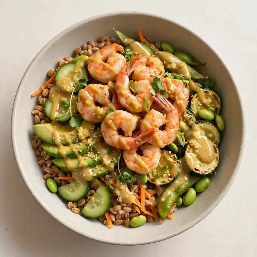 Garnelen-Farro-Meal-Prep-Bowl mit Ingwer-Sauce