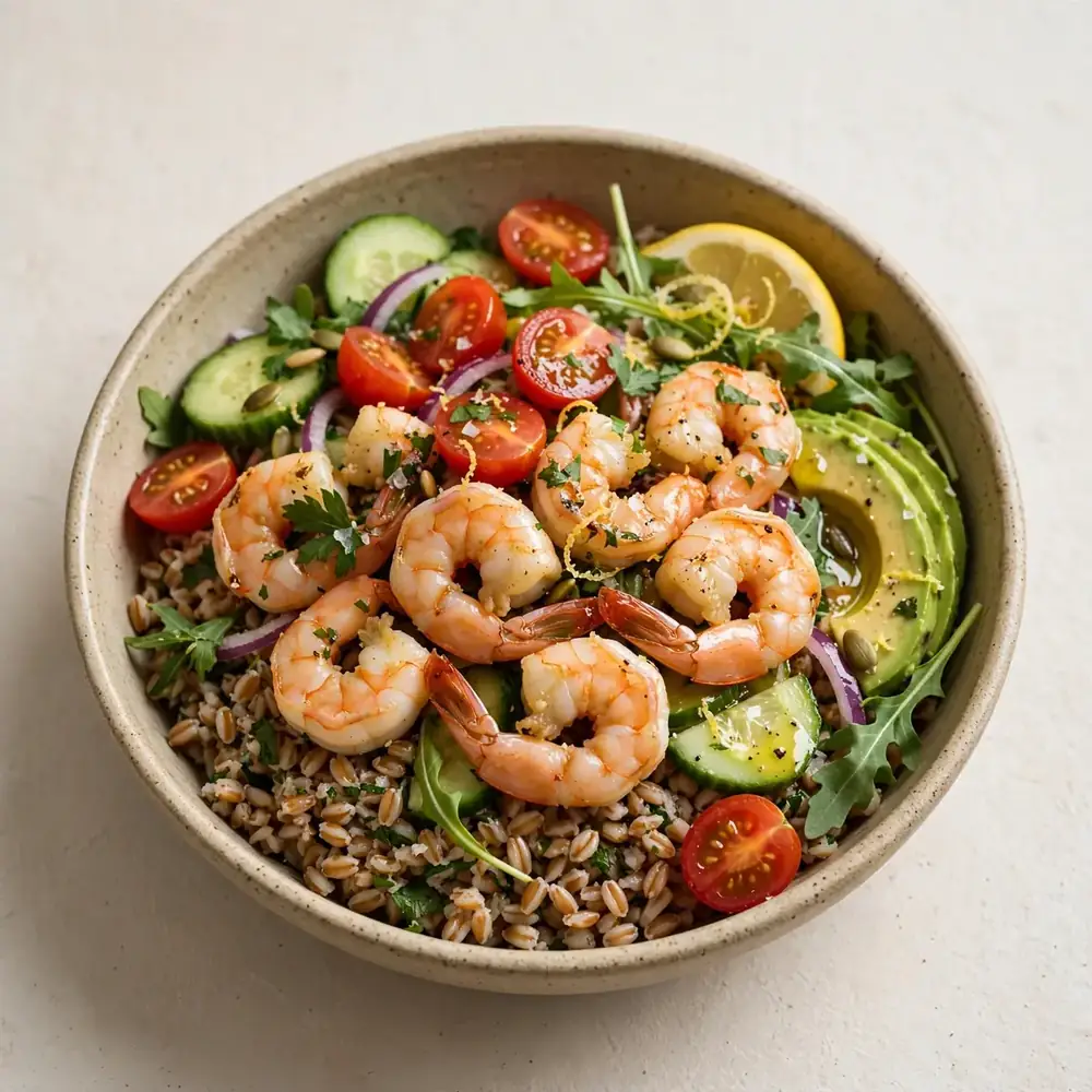 Garnelen-Farro-Meal-Prep-Bowl mit Zitronen-Dressing