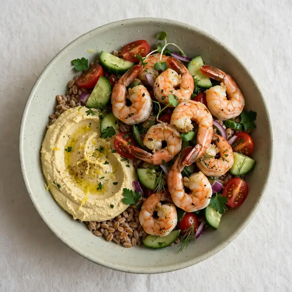 Garnelen-Farro-Meal-Prep-Bowl mit Zitronen-Hummus