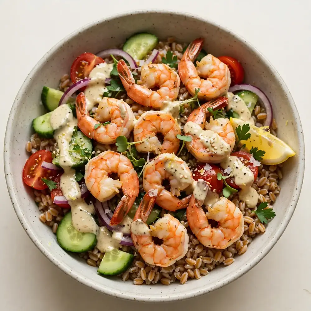 Garnelen-Farro-Meal-Prep-Bowl mit Zitronen-Tahini-Dressing