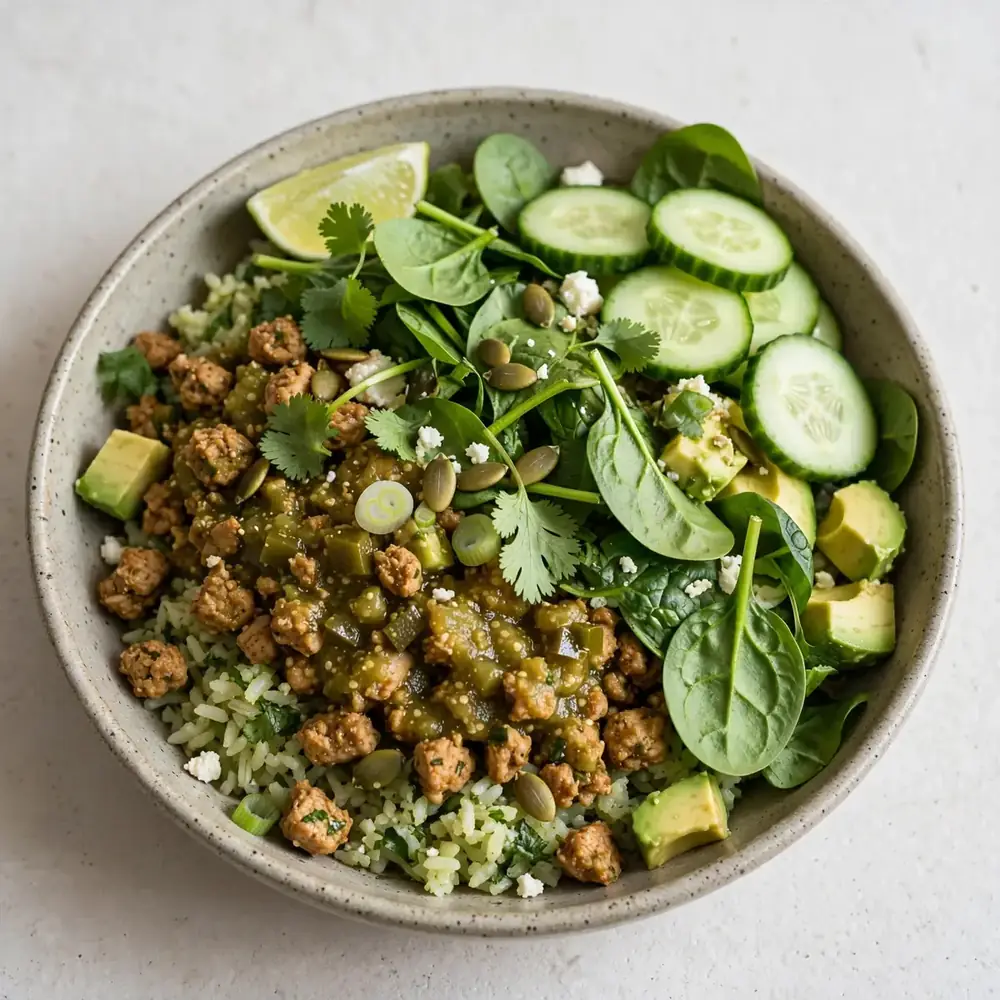 Grüne Turkey Taco Bowl mit Spinat und Gurke
