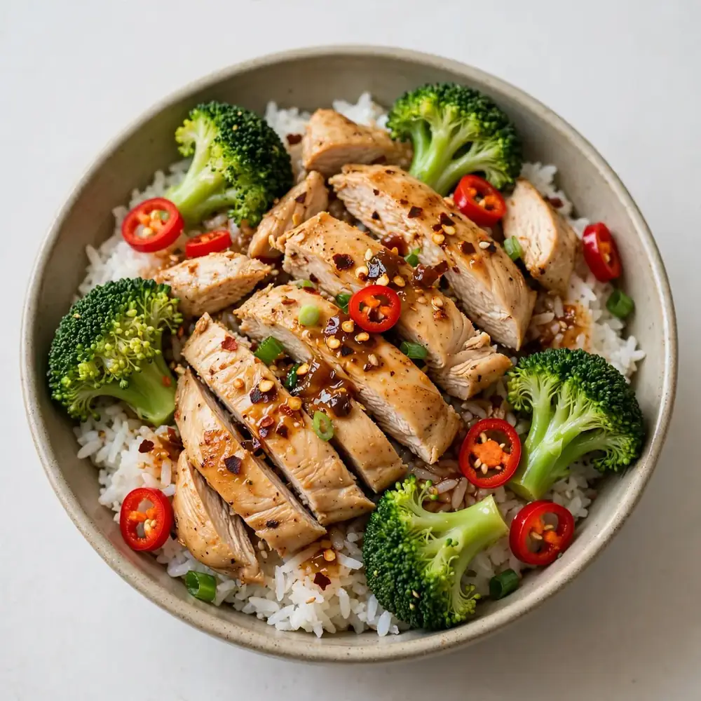 Hühnchen-Reis-Brokkoli-Bowl mit Chili