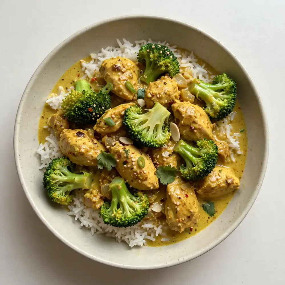 Hühnchen-Reis-Brokkoli-Bowl mit Curry-Pfanne