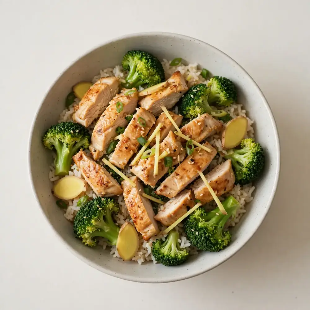 Hühnchen-Reis-Brokkoli-Bowl mit Ingwer
