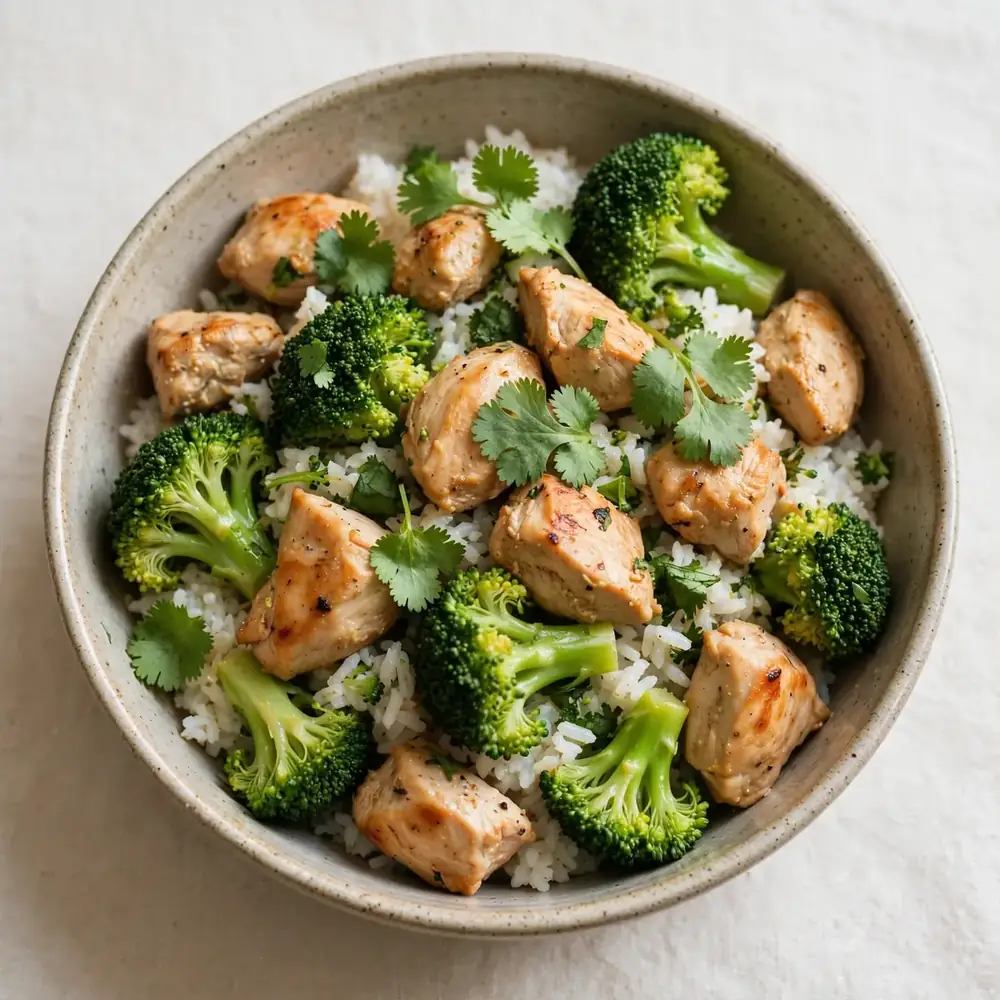 Hühnchen-Reis-Brokkoli-Bowl mit Koriander