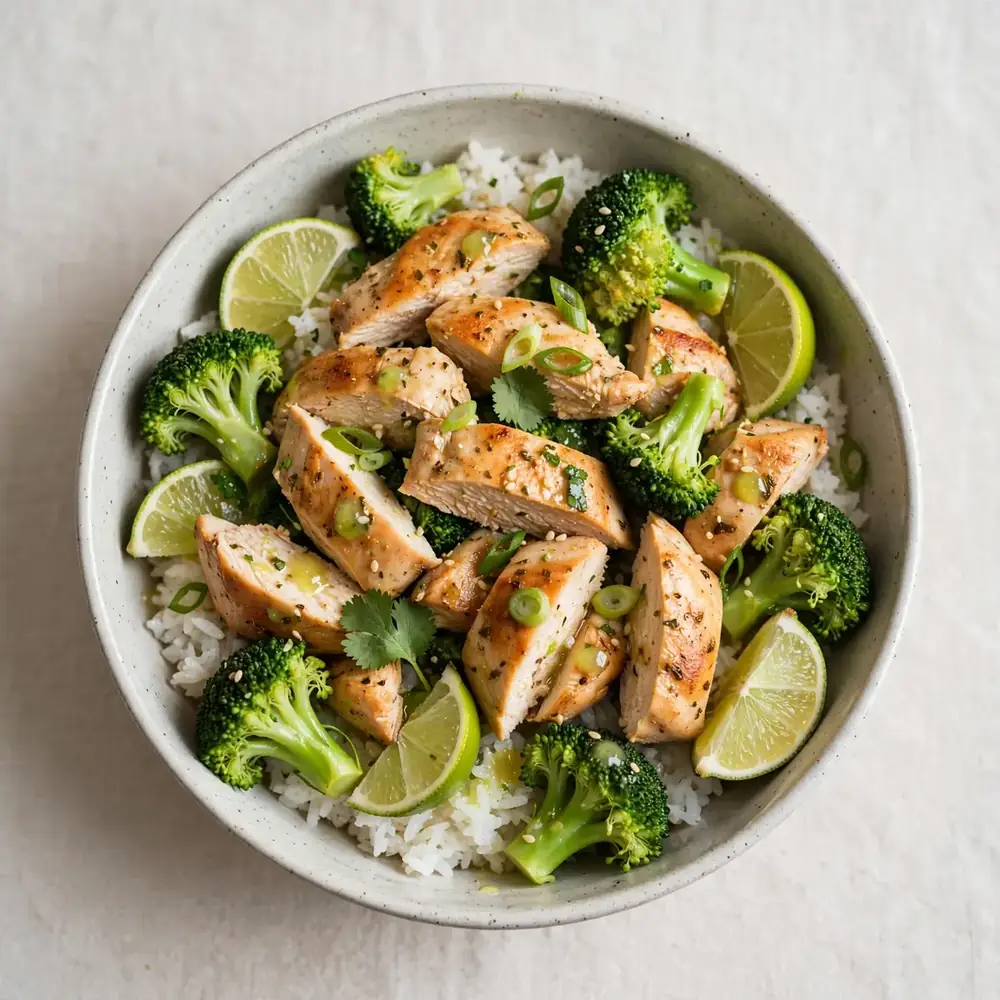 Hühnchen-Reis-Brokkoli-Bowl mit Limettensaft