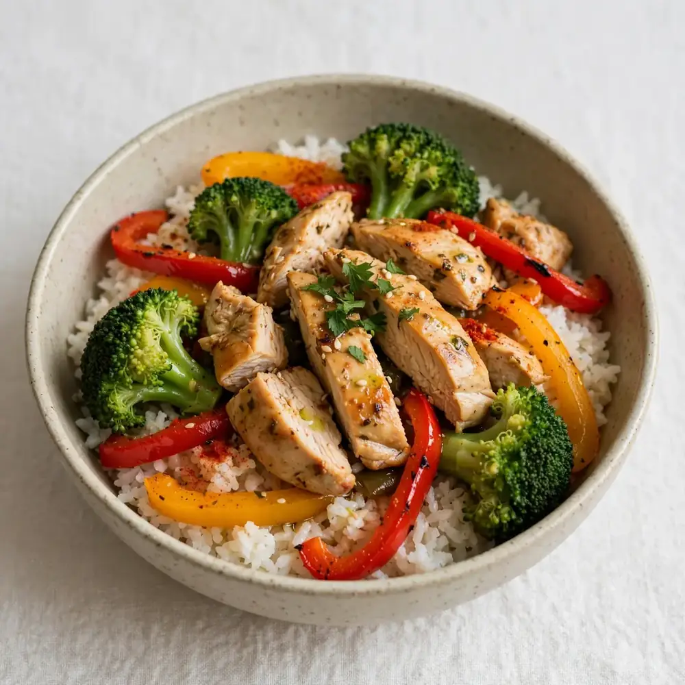 Hühnchen-Reis-Brokkoli-Bowl mit Paprika