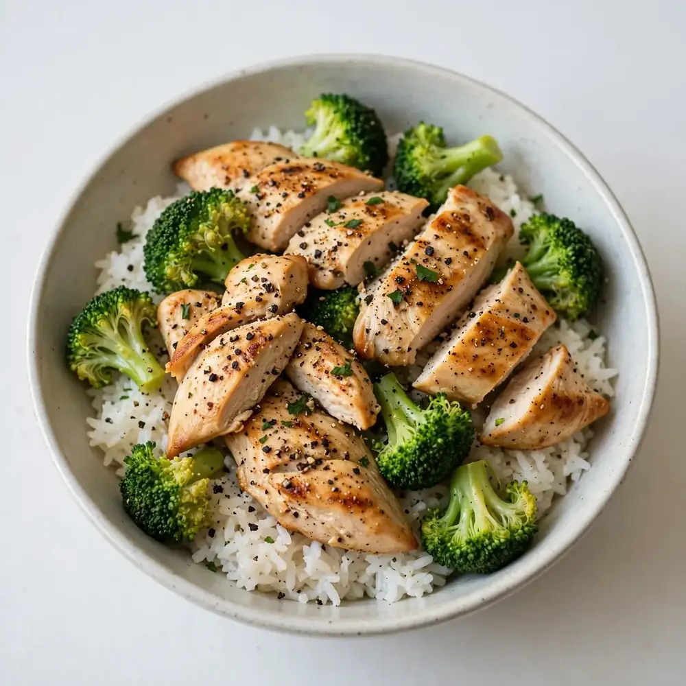 Hühnchen-Reis-Brokkoli-Bowl mit Pfeffer