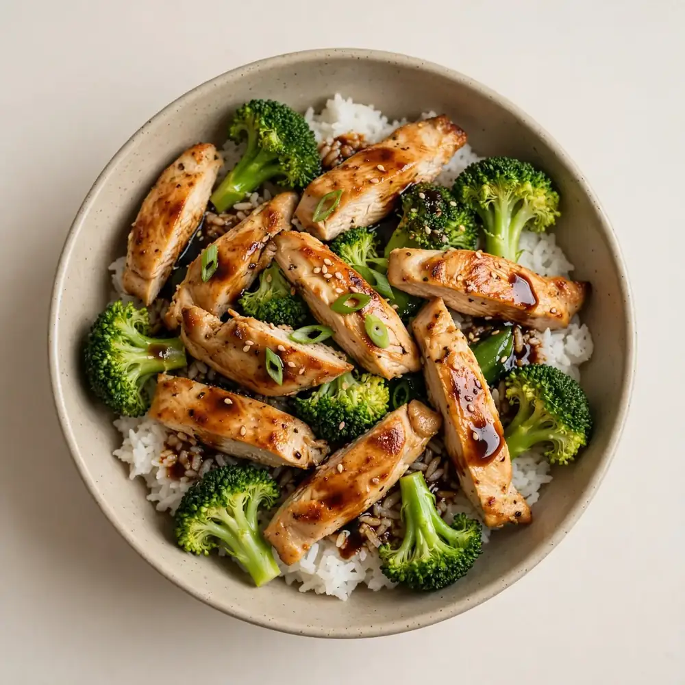 Hühnchen-Reis-Brokkoli-Bowl mit Sojasauce