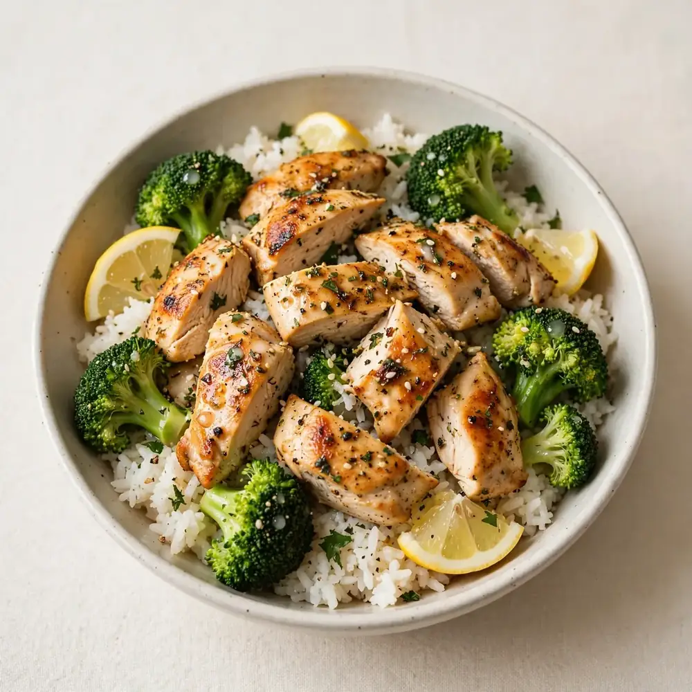 Hühnchen-Reis-Brokkoli-Bowl mit Zitronensaft