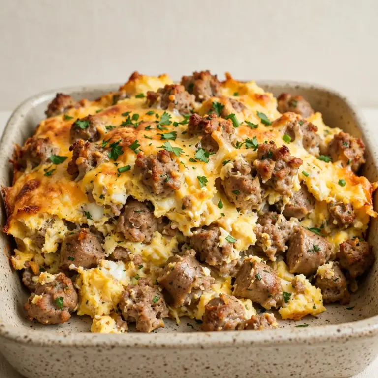 Herzhafter Frühstücksauflauf mit Wurst und Ei, proteinreich