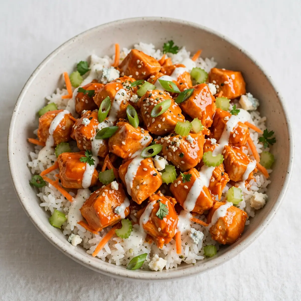 High-Protein Buffalo Chicken Rice Bowl