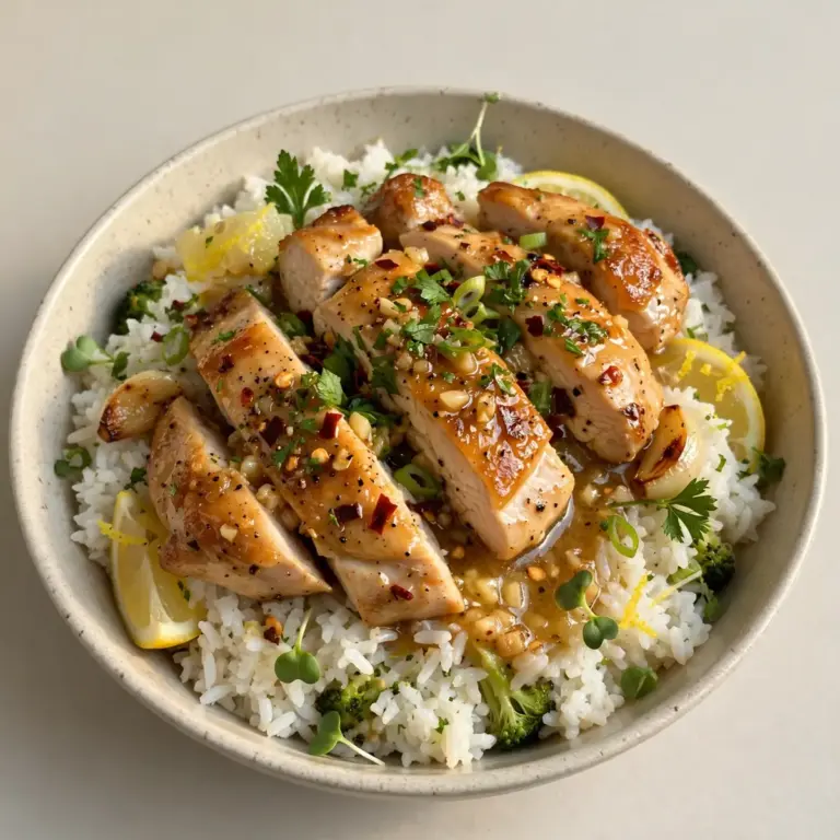 High Protein Knoblauch-Butter Hähnchen-Reis Bowl