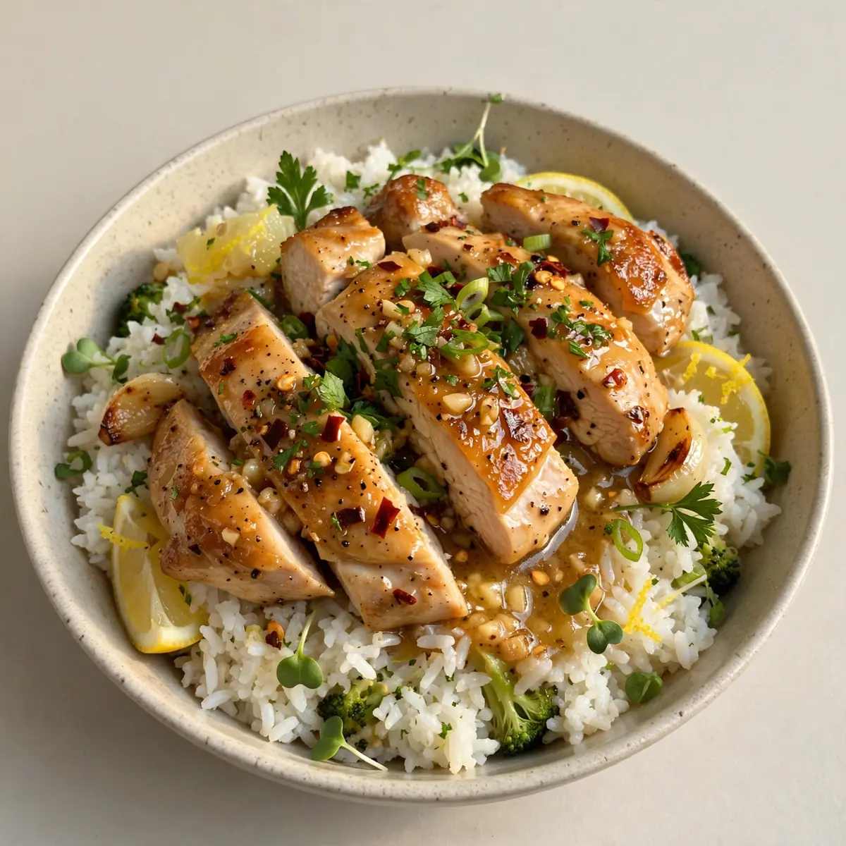 High Protein Knoblauch-Butter Hähnchen-Reis Bowl