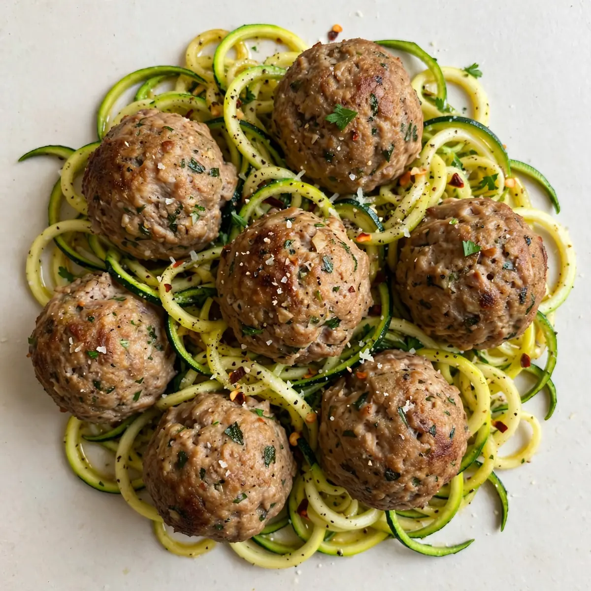 High-Protein Truthahn-Frikadellen Meal Prep mit Zoodles