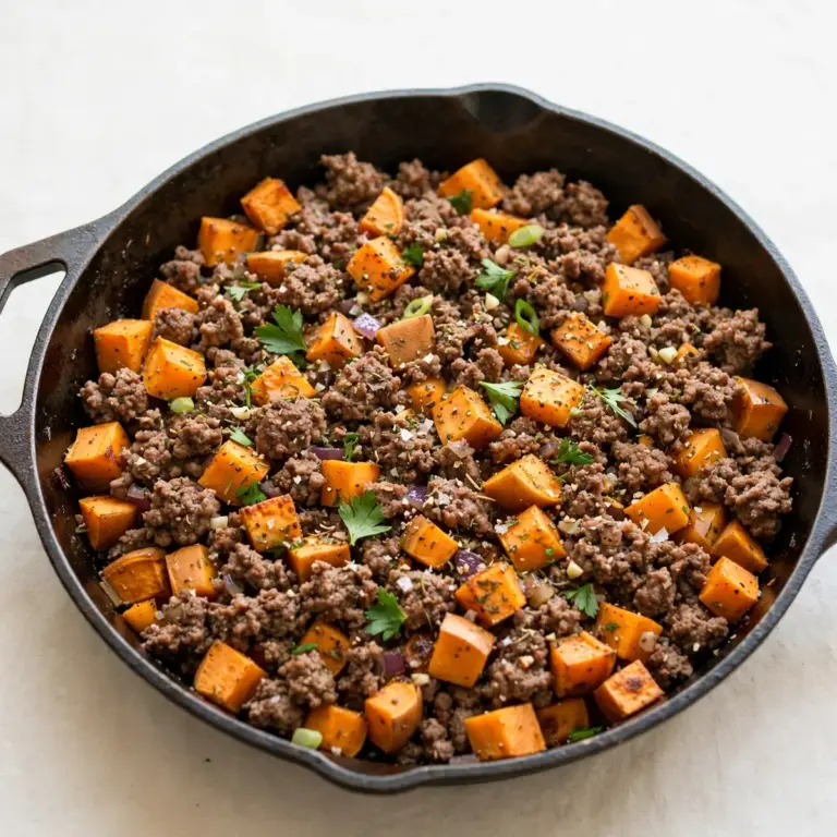Hochprotein-Rinderhack-Pfanne mit Süßkartoffeln