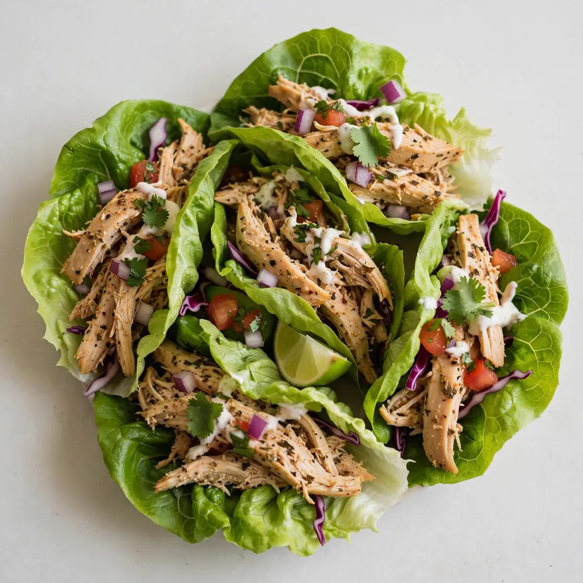 Kalorienarme Protein-Hähnchen-Tacos im Salatblatt