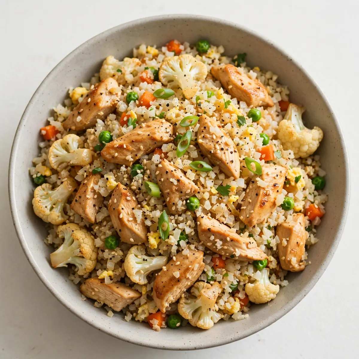 Kalorienarmer Protein-Blumenkohl-Fried Rice mit Hähnchen
