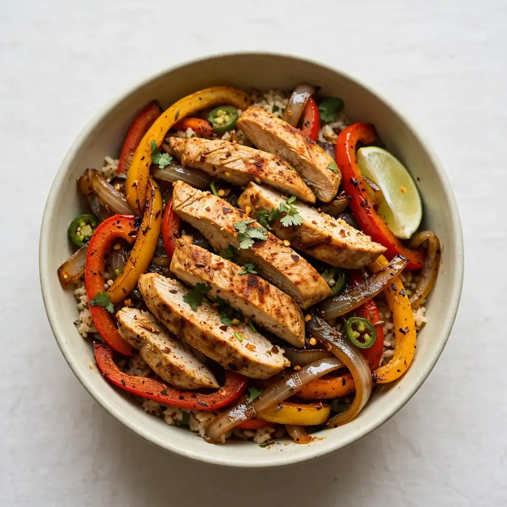 Klassische Chicken Fajita Bowl mit Paprika und Zwiebeln