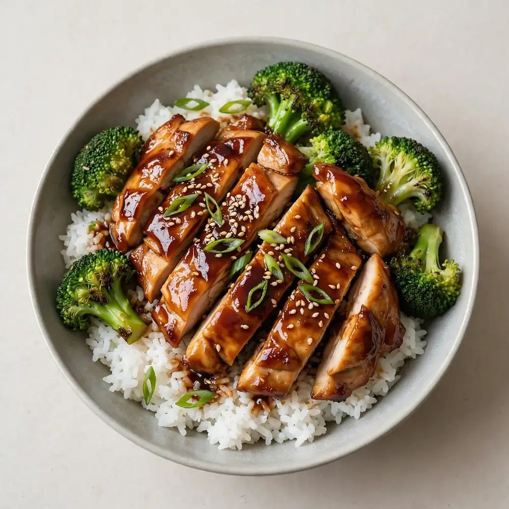 Klassische Teriyaki Hähnchen Bowl mit Brokkoli und Reis