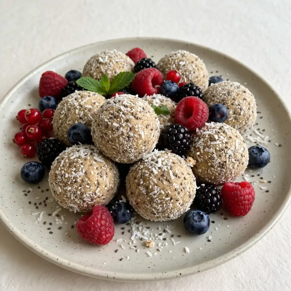 Kokos-Chia-Proteinbällchen mit Beeren