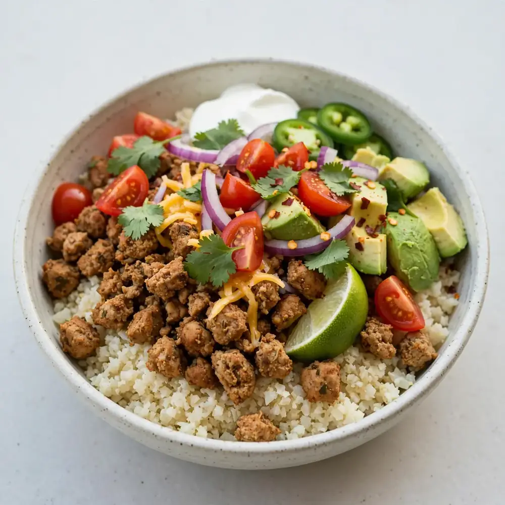 Low-Carb Turkey Taco Bowl mit Blumenkohlreis