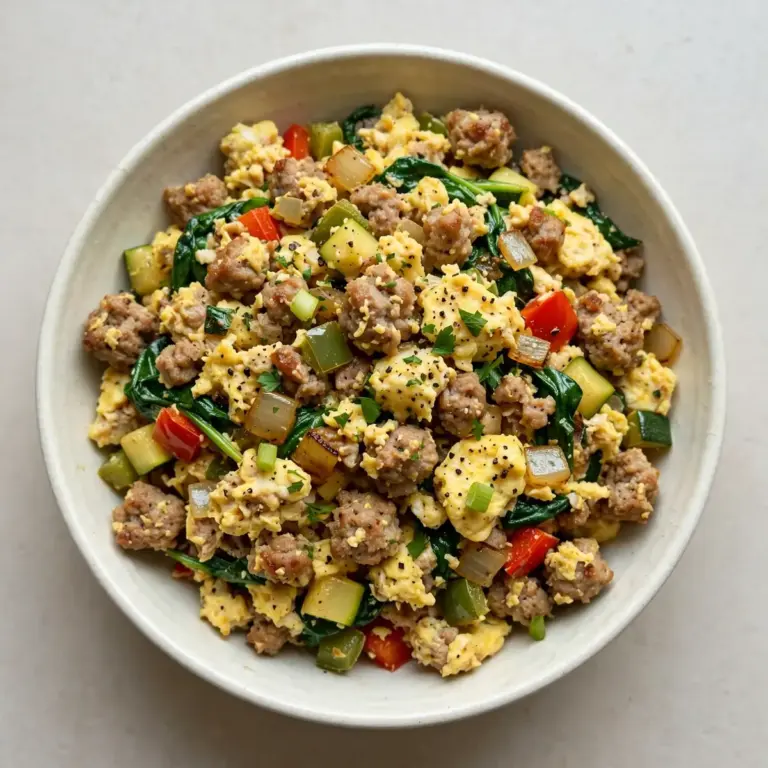 Proteinreicher Gemüse-Türkei-Würstchen-Scramble