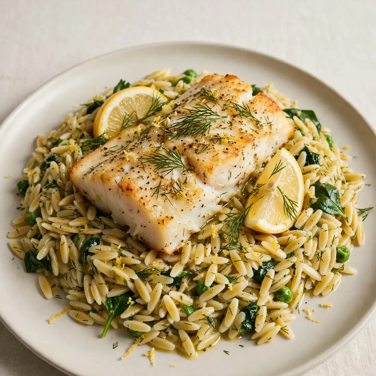 Proteinreicher Ofenkabeljau mit Zitronen-Orzo