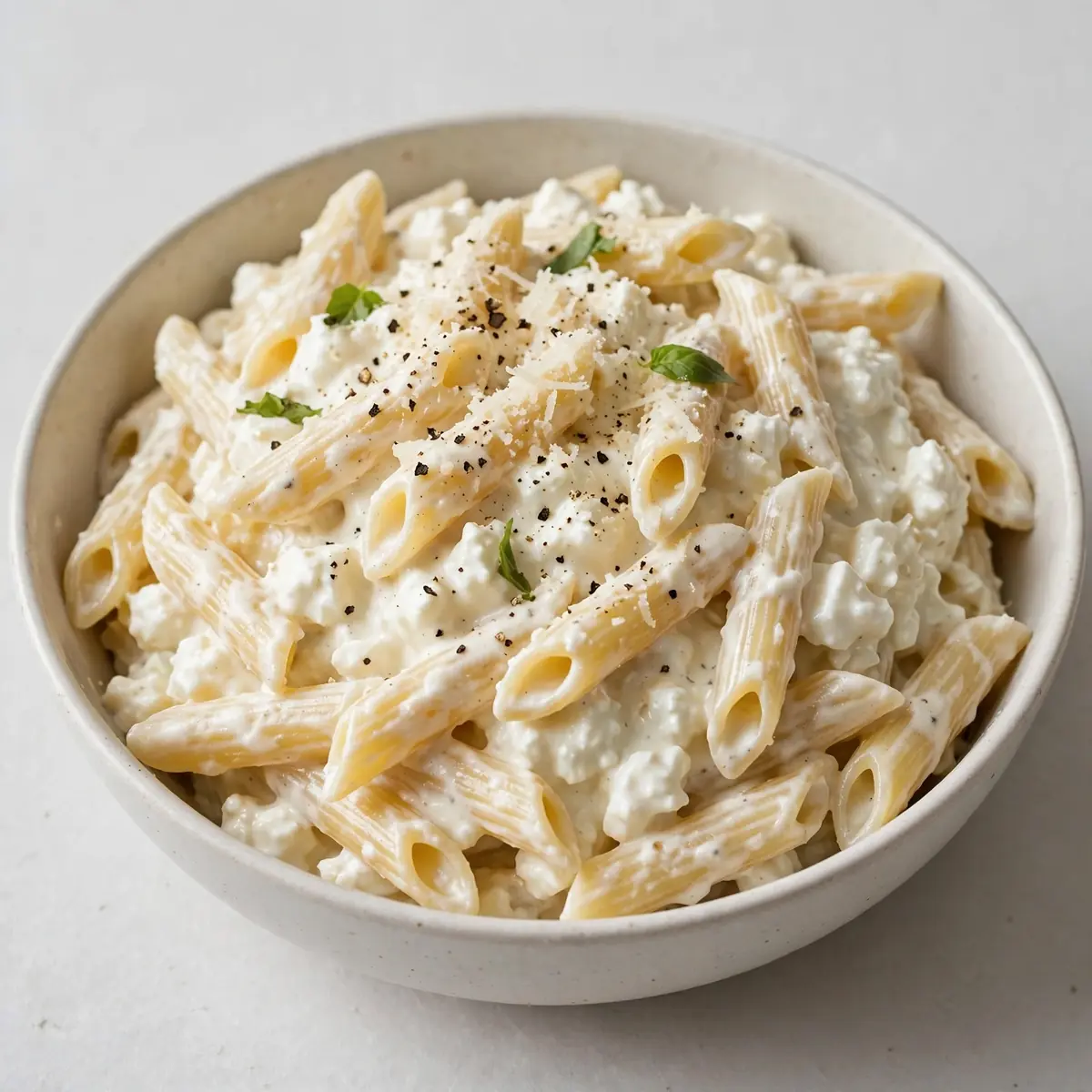 Proteinreiches Cottage-Cheese-Alfredo mit Pasta