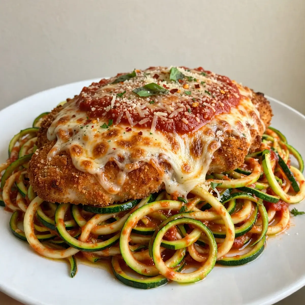 Proteinreiches Hähnchen Parmesan mit Zucchini-Nudeln