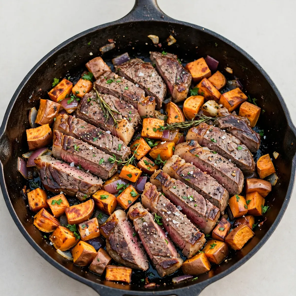 Proteinreiches Steak mit Süßkartoffel-Pfanne