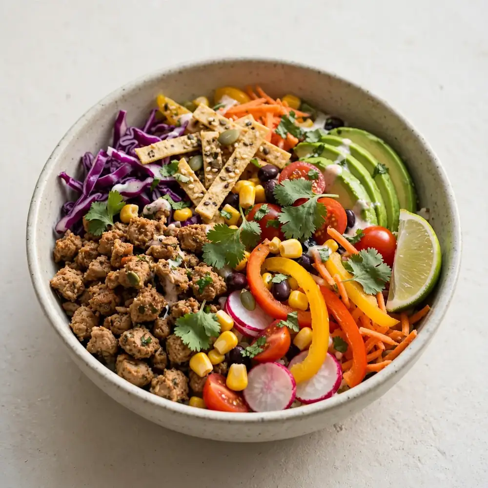 Rainbow Turkey Taco Bowl mit buntem Gemüse