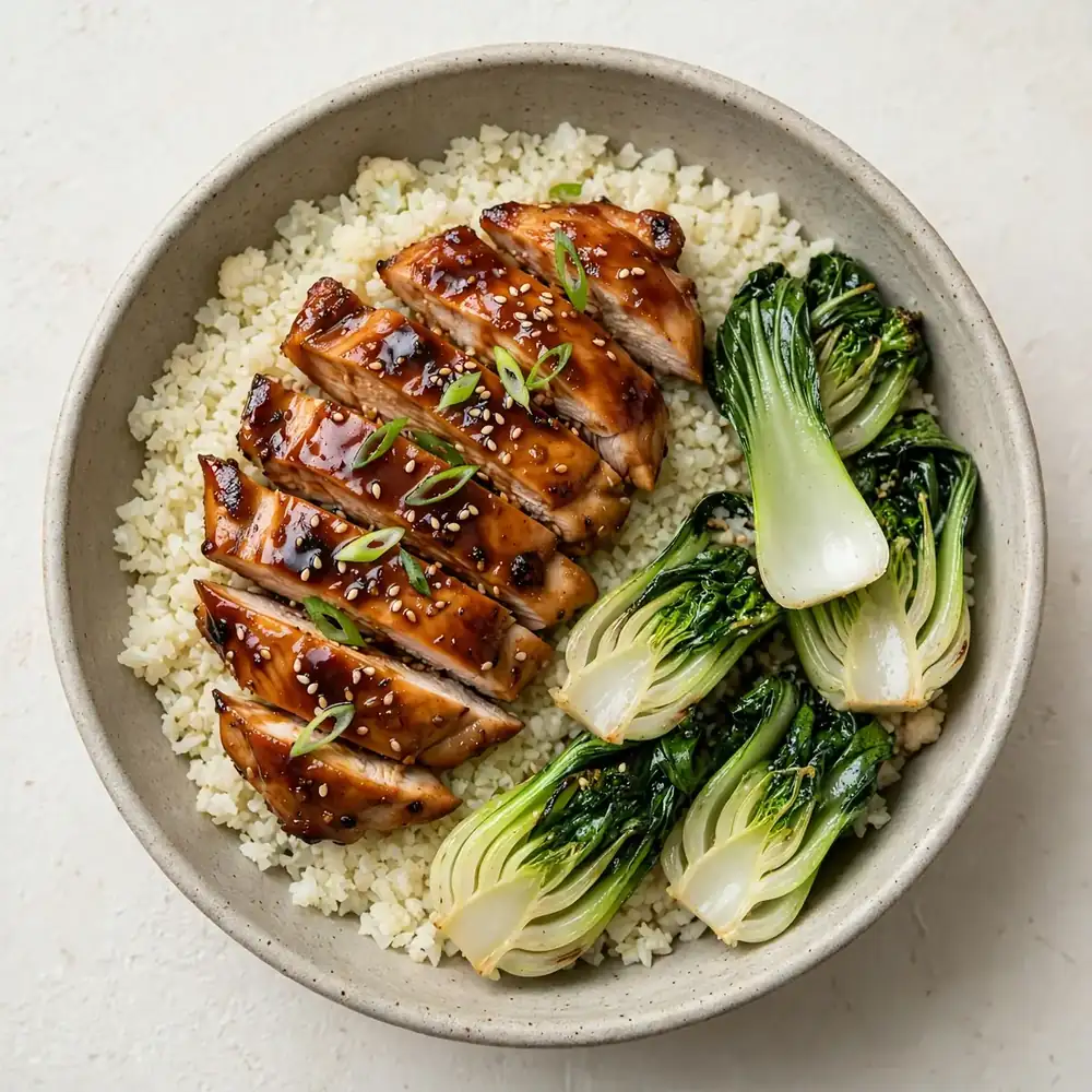 Teriyaki Hähnchen Bowl mit Blumenkohlreis und Pak Choi