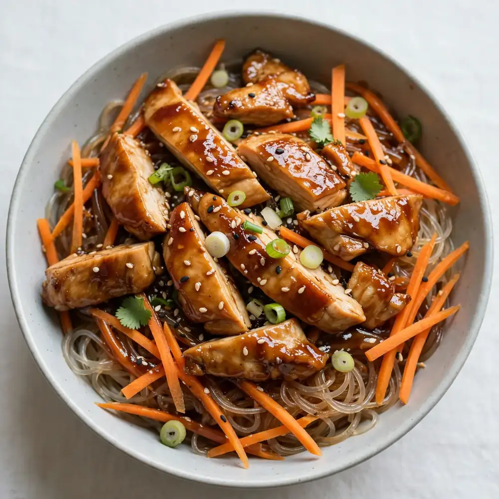 Teriyaki Hähnchen Bowl mit Glasnudeln und Karotten