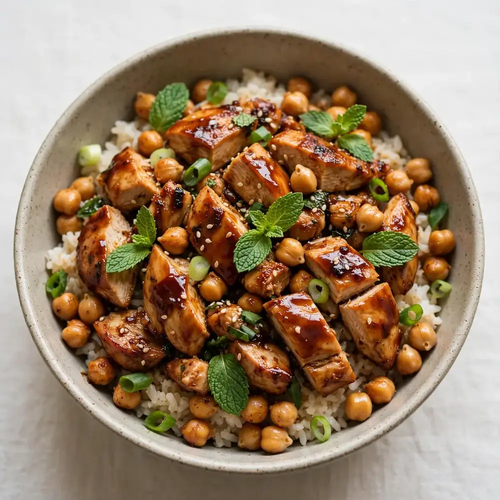 Teriyaki Hähnchen Bowl mit Kichererbsen und Minze