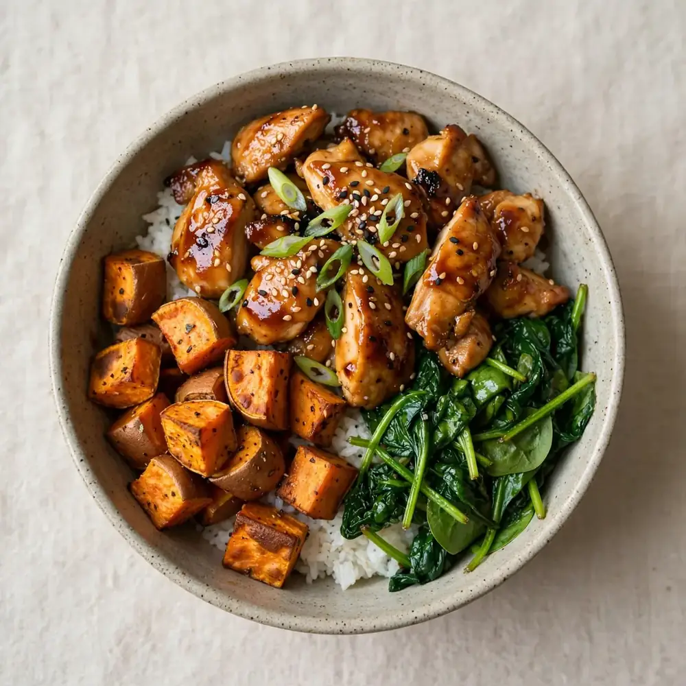 Teriyaki Hähnchen Bowl mit Süßkartoffel und Spinat