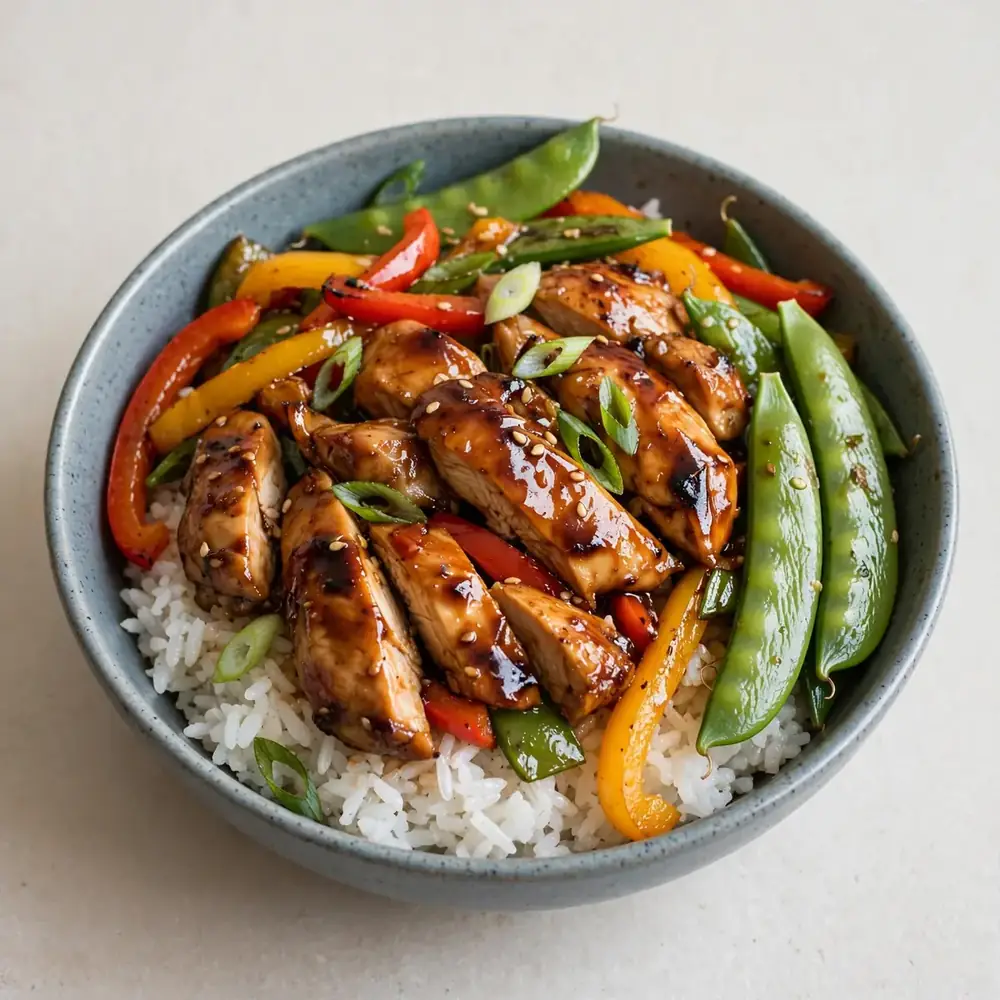 Teriyaki Hähnchen Bowl mit Zuckerschoten und Paprika
