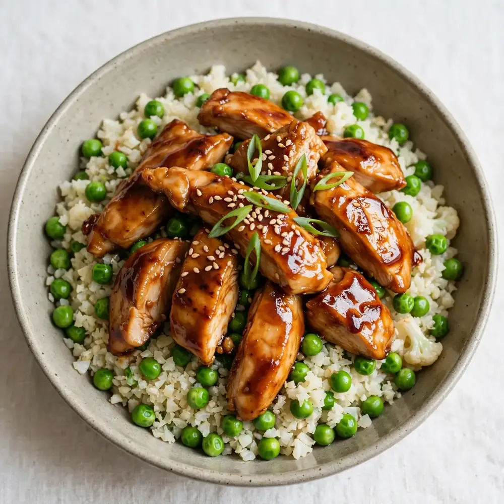 Teriyaki Hähnchen mit Blumenkohlreis und Erbsen
