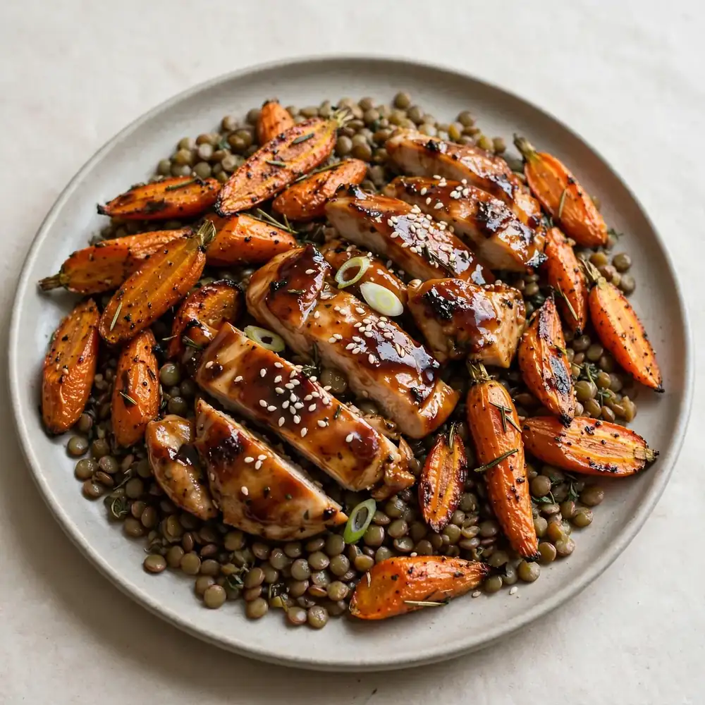 Teriyaki Hähnchen mit Linsen und gerösteten Karotten